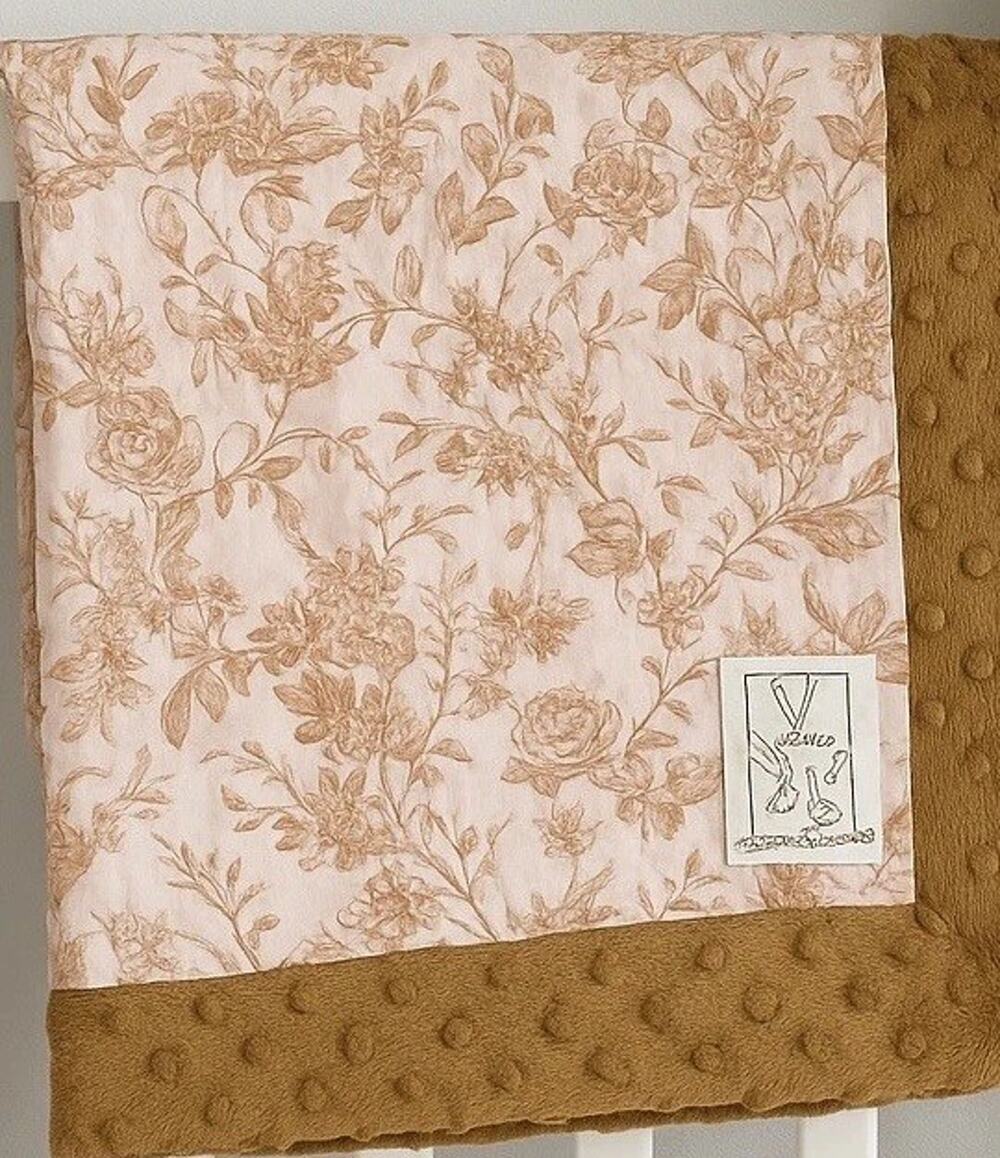 Dust Bunnies Baby Blanket 36x28 Pink Brown French Country Toile Minky Reversible
